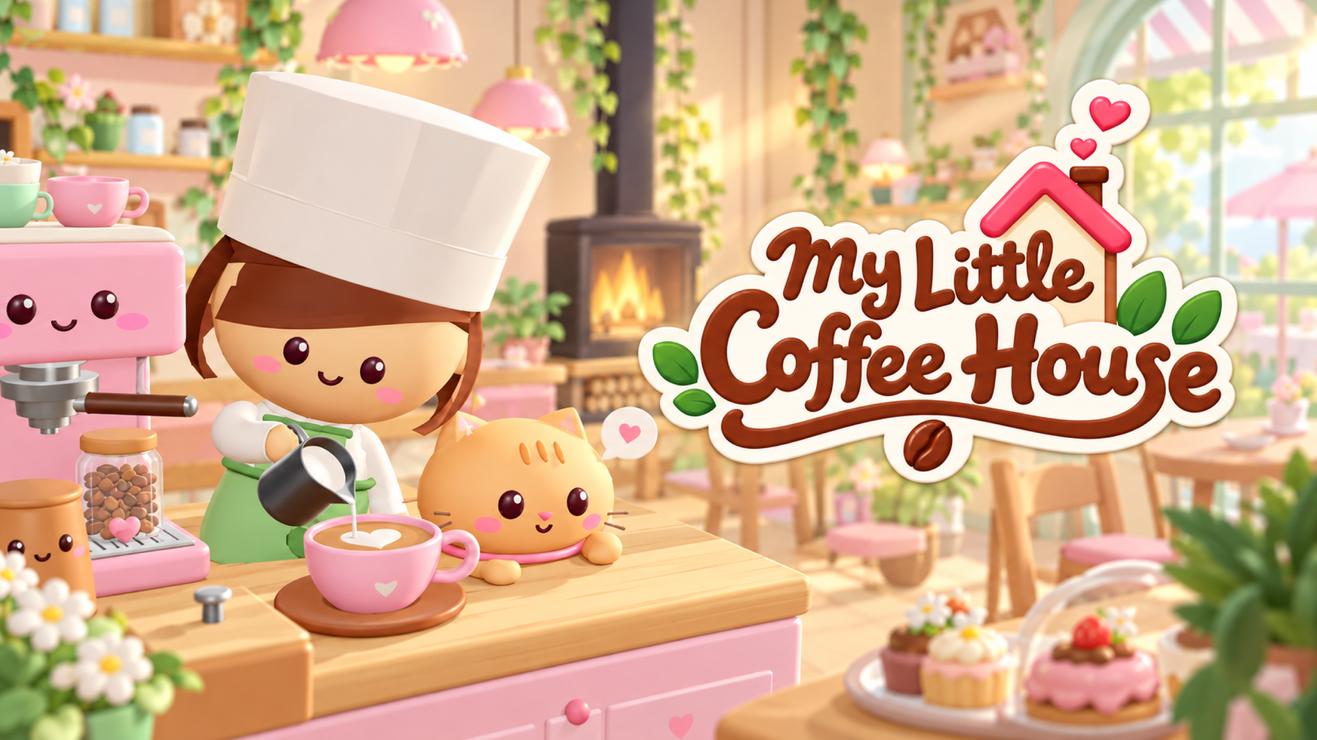 Illustration de My Little Coffee House : un café rose chaleureux, sa barista et un chat sur le comptoir.