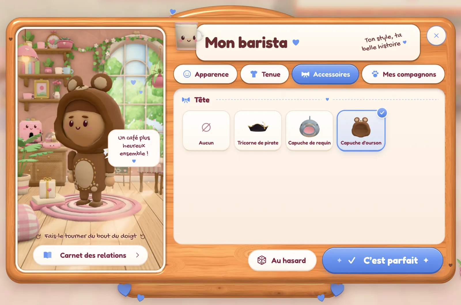 Capture du jeu : le menu Mon barista, avec un personnage en capuche d’ourson et le choix des accessoires.
