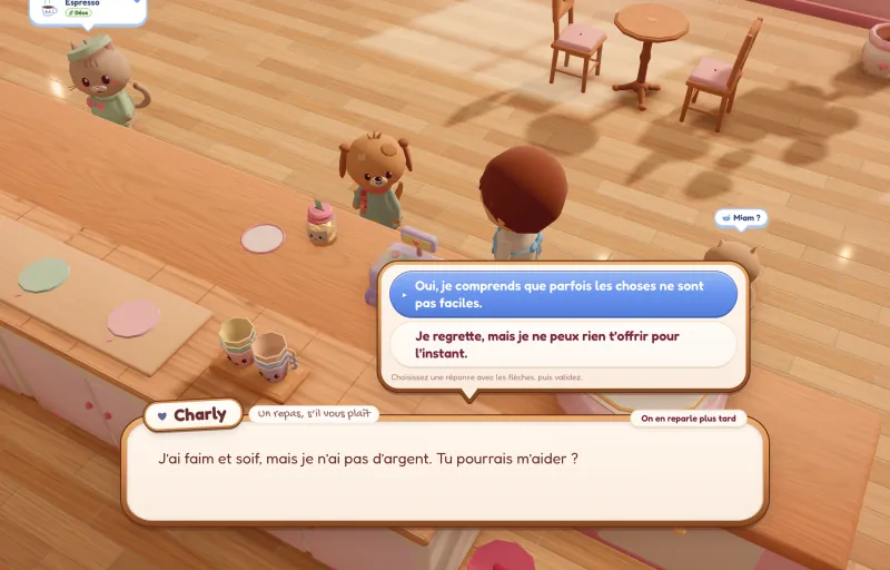 Capture du jeu : Charly, un client chien, demande de l’aide au comptoir ; deux réponses sont proposées.