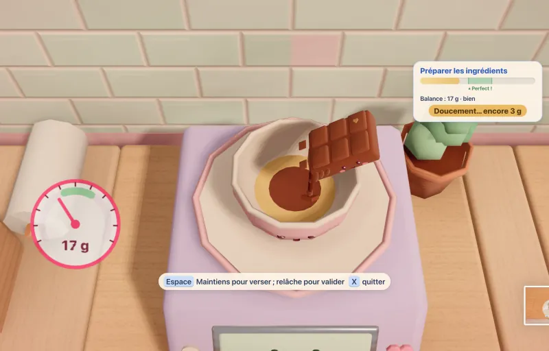 Capture du jeu : une tablette de chocolat souriante fond dans un bol posé sur une balance.