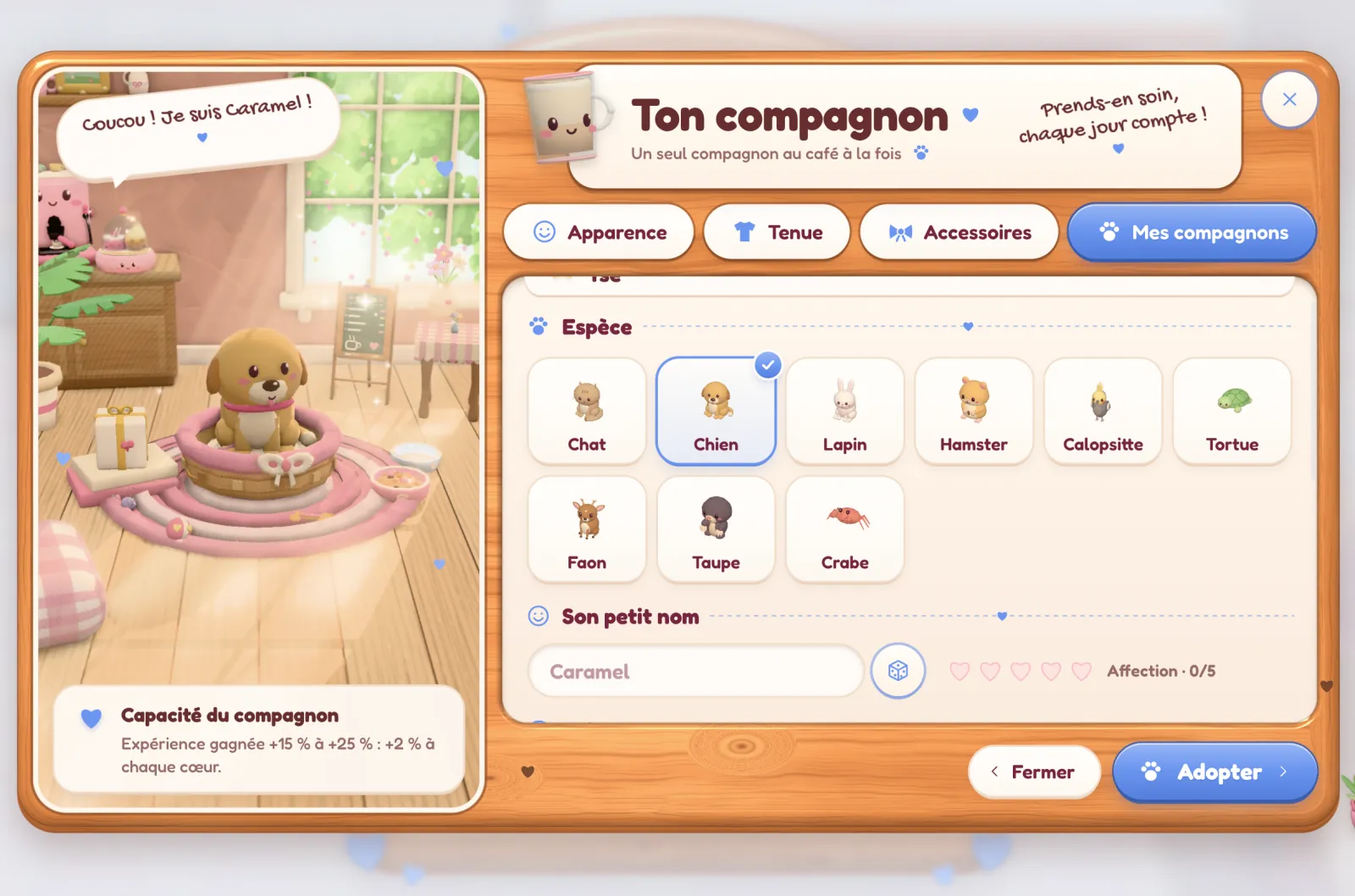 Capture du jeu : le menu Ton compagnon, avec un chiot dans son panier et le choix de l’espèce.