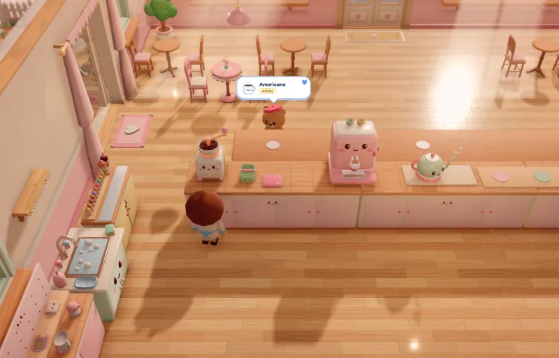 Capture du jeu : la salle du café, ses tables roses et un client ourson qui commande un americano.