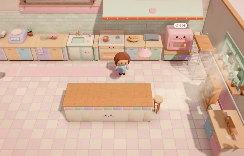 Capture du jeu : une cuisine pastel au carrelage rose, un four souriant et un grand îlot en bois.