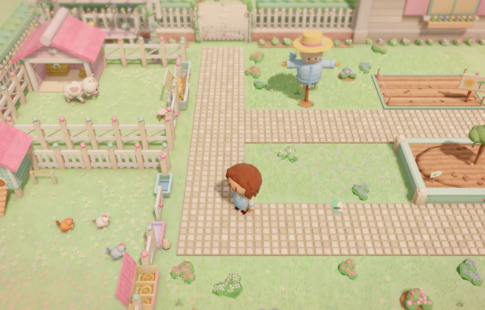 Capture du jeu : la petite ferme, une vache, des poules, un épouvantail et des allées pavées.