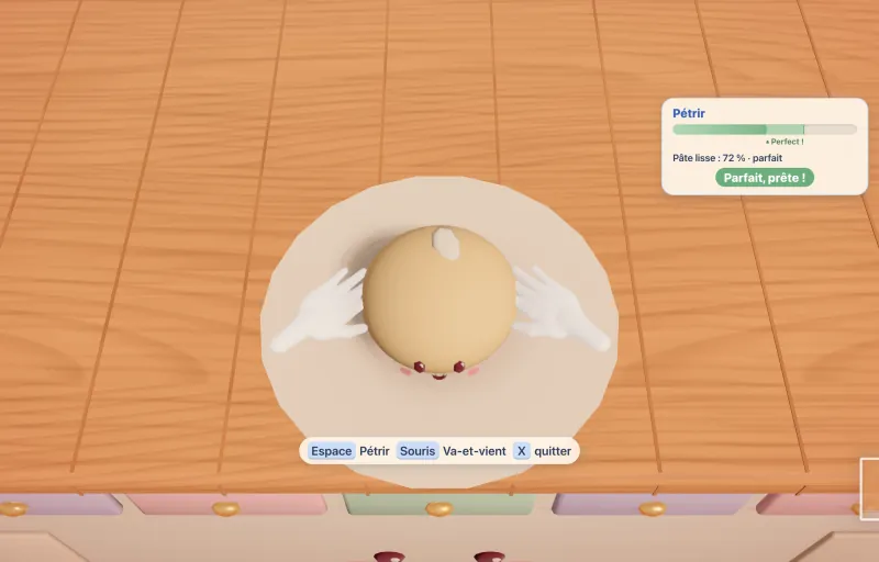 Capture du jeu : deux mains pétrissent une boule de pâte souriante ; la jauge indique « Parfait, prête ! ».