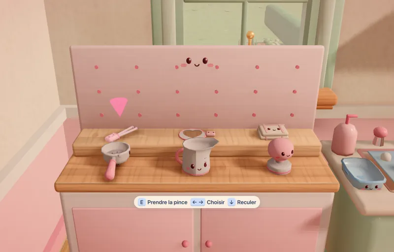 Capture du jeu : gros plan sur les ustensiles du barista, pince, pichet à lait et tasseur, tous avec un petit visage.