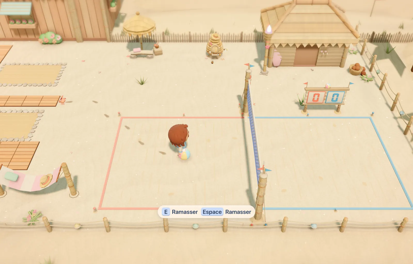 Capture du jeu : le café de la plage, un terrain de beach-volley, un hamac et une paillote.